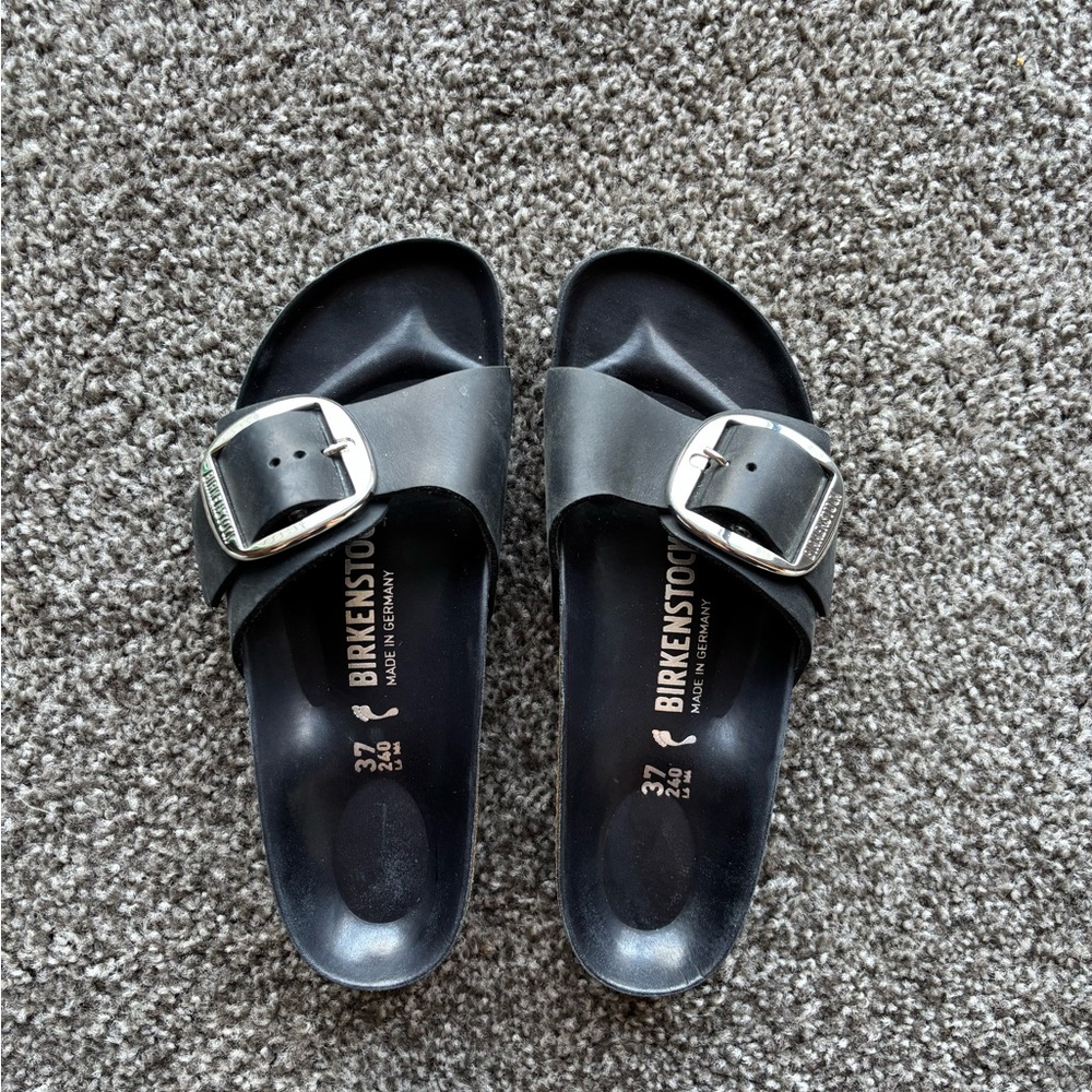 Birkenstock Black Slides with Silver Buckle Size 37